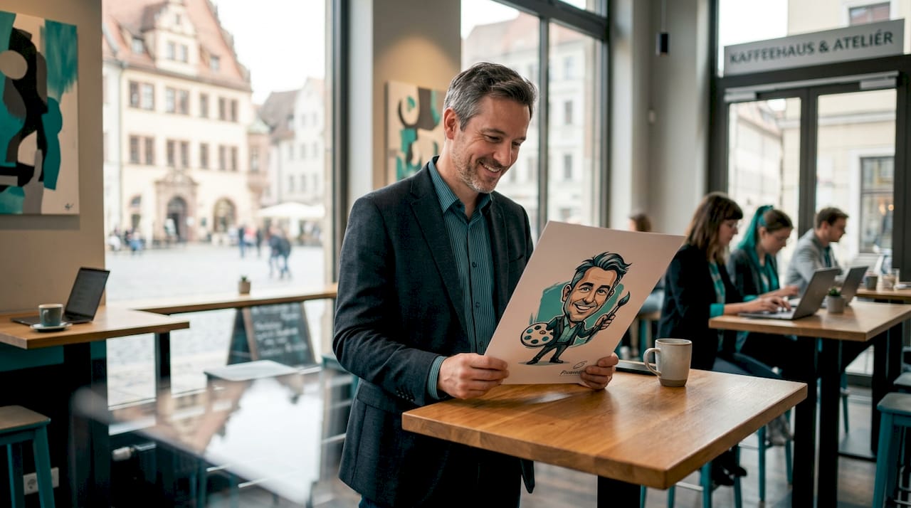 Ein Marketingexperte präsentiert auf der Messe stolz das Maskottchen als witzige Karikatur.