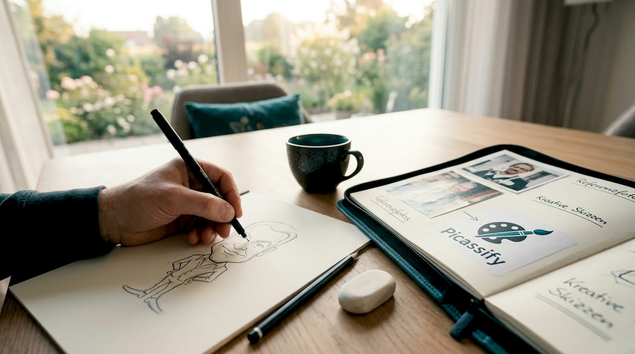 Mit sicherer Hand entsteht eine Karikatur auf einem Blatt Skizzenpapier.