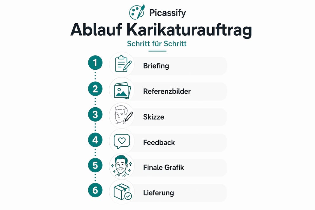 Ablauf einer Karikatur-Bestellung anschaulich erklärt: Die wichtigsten Schritte in einer übersichtlichen Infografik.