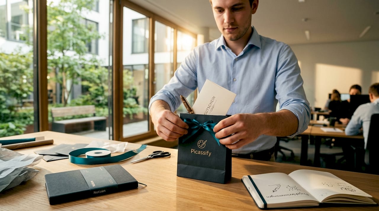 Ein Mitarbeiter stellt Geschenkpakete für das Unternehmen zusammen.