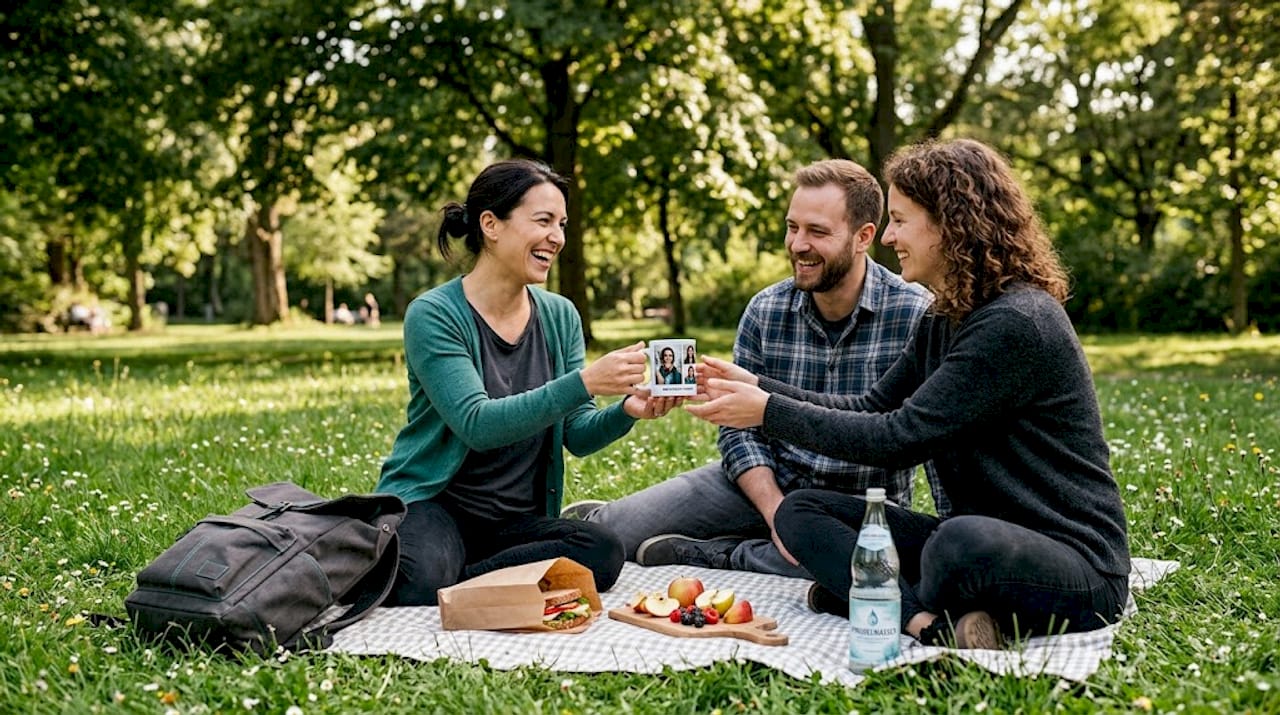 Zwei Freunde überraschen sich draußen mit liebevoll ausgewählten Geschenken.