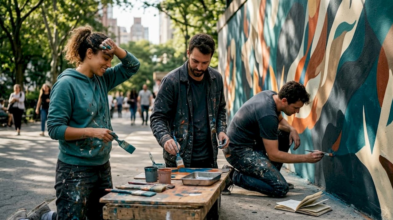 Mehrere Künstler gestalten zusammen eine Wand im Park mit ihren Kunstwerken.
