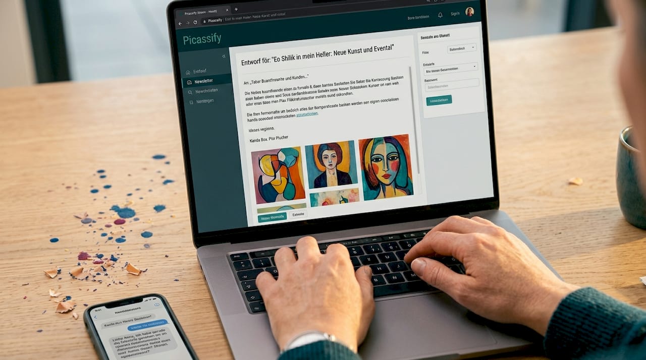 Der Künstler steht per Laptop im direkten Austausch mit seinen Kunden.