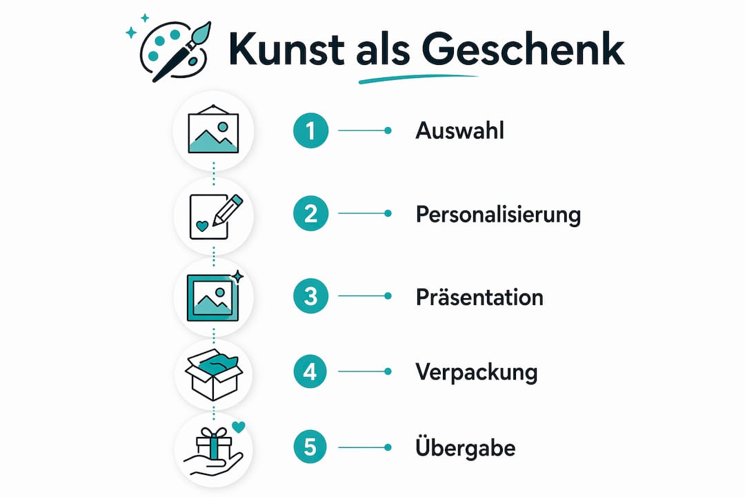 Schritt-für-Schritt-Anleitung: So gelingt ein Kunstgeschenk mit emotionaler Wirkung – als übersichtliche Infografik.