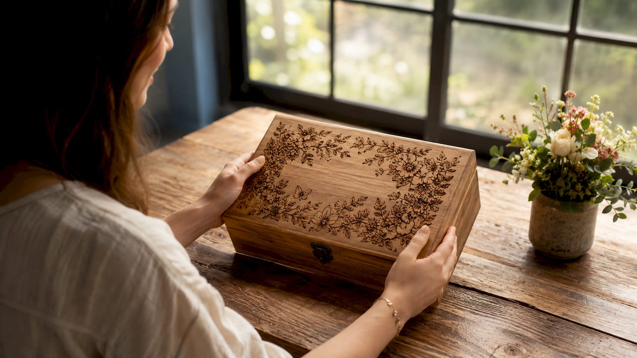 Detailaufnahme: Zwei Hände halten eine liebevoll gravierte Holz-Geschenkbox.