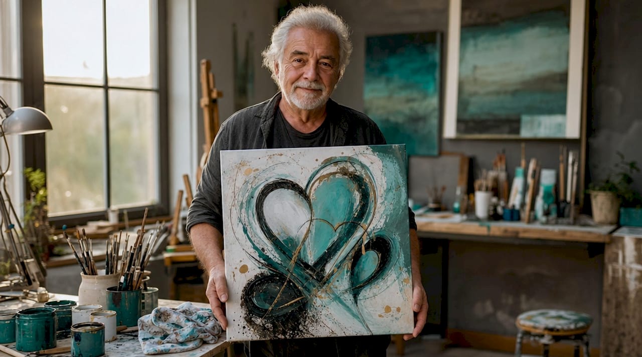In einem Atelier umfassen Hände ein berührendes Kunstwerk.