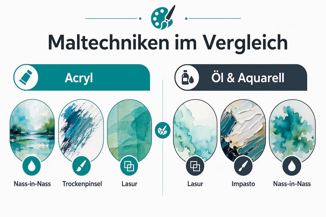 In dieser anschaulichen Grafik werden die Unterschiede und Besonderheiten von Acryl-, Öl- und Aquarellmalerei gegenübergestellt.