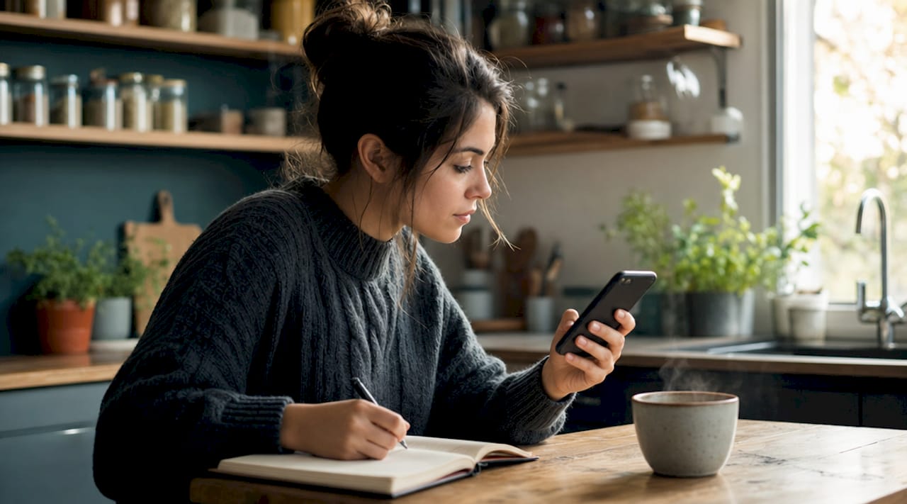 Frau im Café betrachtet Porträtfoto auf Smartphone