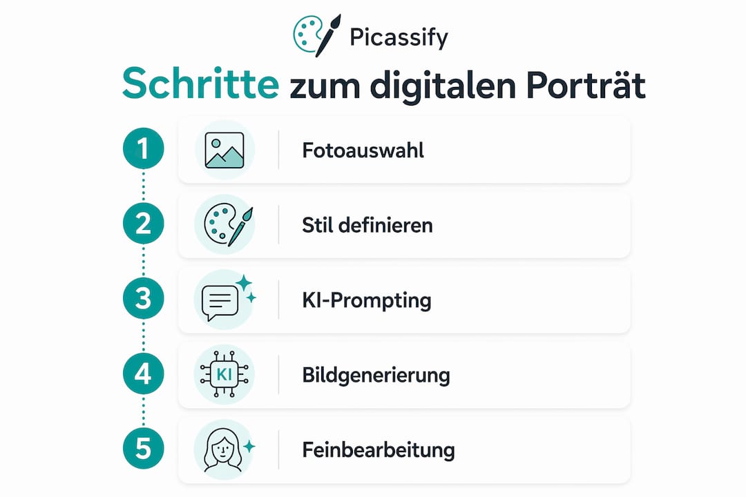 Schritt-für-Schritt-Anleitung: So entstehen digitale Porträts in fünf Etappen – anschaulich erklärt in einer Infografik