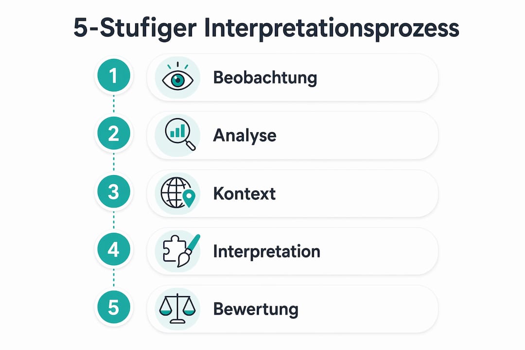 Die Infografik veranschaulicht, wie Kunst in fünf Schritten interpretiert werden kann.