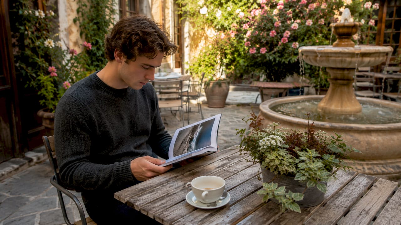 Ein junger Mann blättert in einem persönlichen Fotobuch, während er gemütlich im Café sitzt.