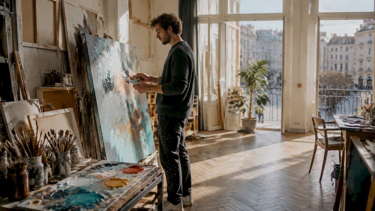 Im Atelier tasten Hände über Farbmuster und Leinwand, um Materialien und Farben genau zu begutachten.