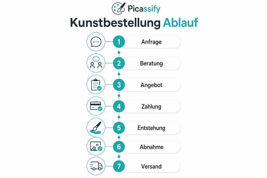 Schritt-für-Schritt-Anleitung: So läuft eine Kunstbestellung ab – anschaulich erklärt in unserer Infografik.
