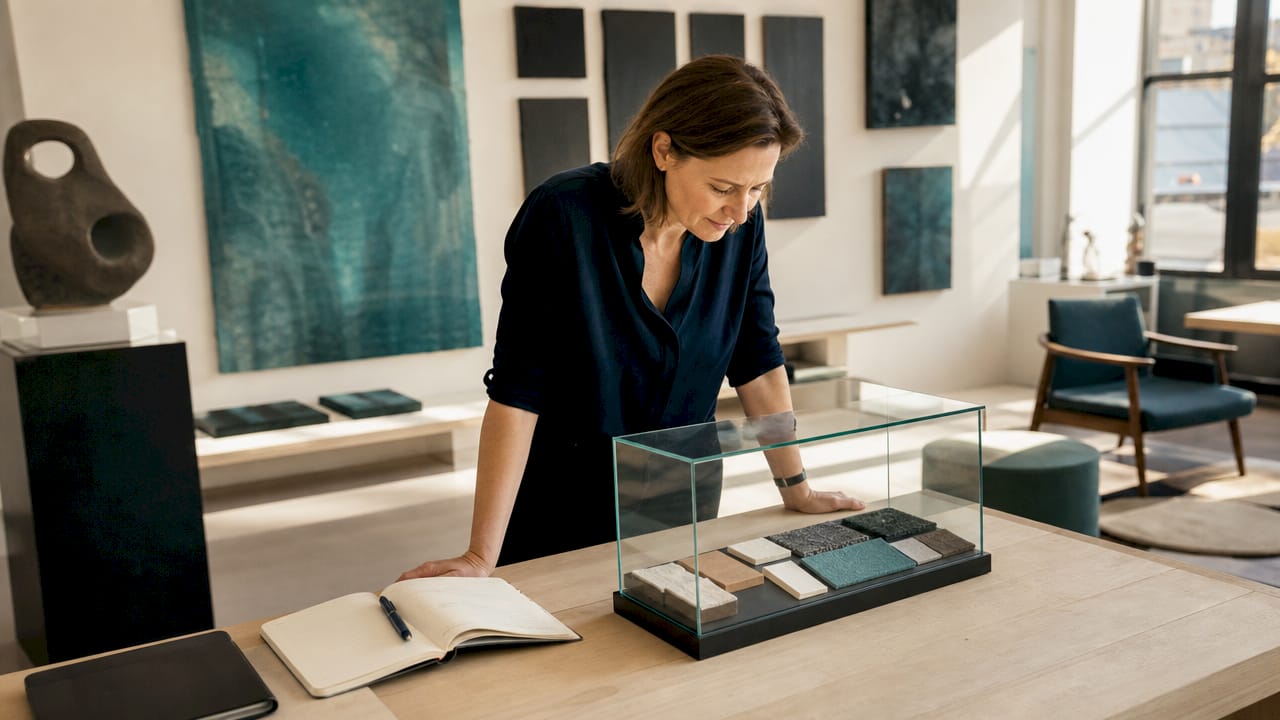 Eine Kunstexpertin berät im stilvoll gestalteten Empfangsbereich eines Unternehmens, umgeben von modernen Skulpturen.