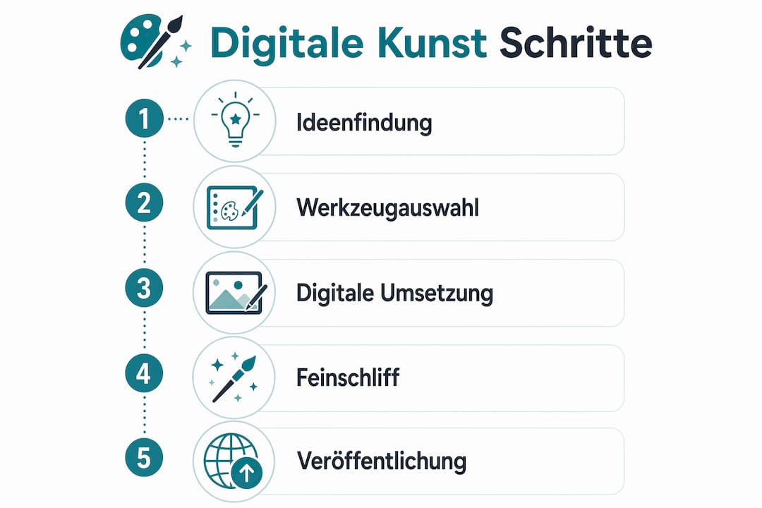 Die Infografik veranschaulicht die einzelnen Schritte beim Erstellen digitaler Kunst.
