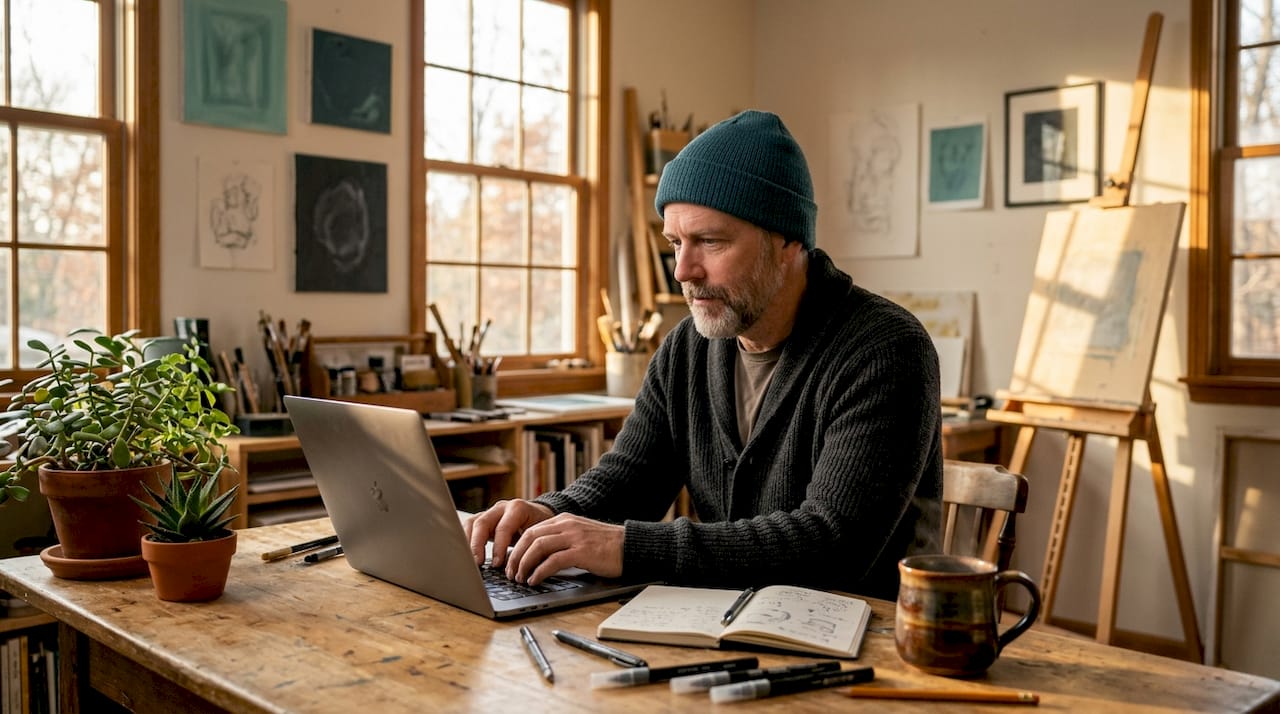 Eine Künstlerin arbeitet am Laptop und erstellt kreative Inhalte für ihre nächste E-Mail-Marketing-Kampagne.