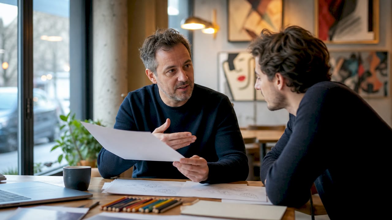 Zwei Männer tauschen sich im Coworking Space über ein Illustrationsprojekt aus.