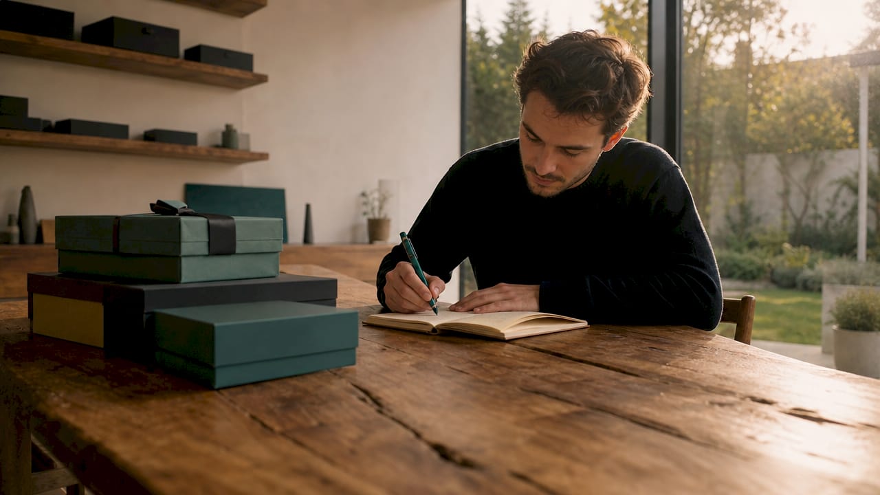 Ein Mann überlegt, zu welchen festen Anlässen im Jahr er regelmäßig Geschenke machen möchte und plant diese im Voraus ein.