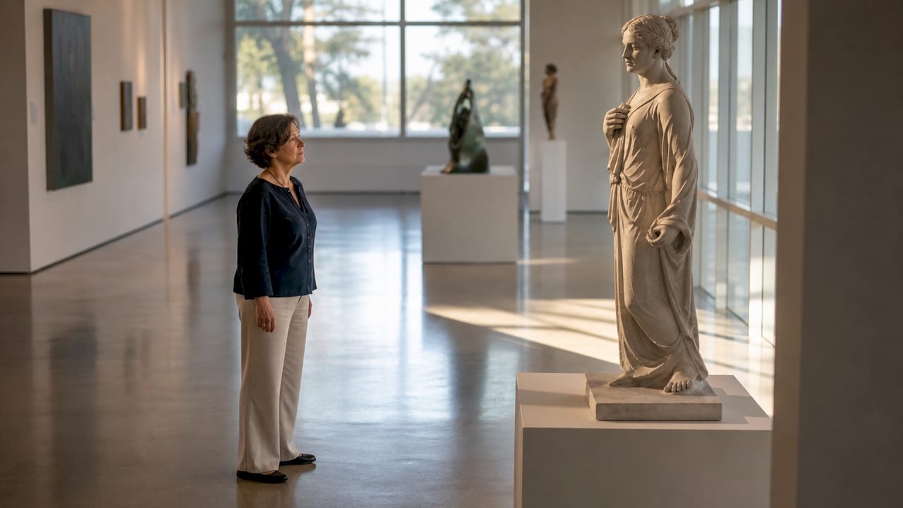 Ein Museumsbesucher betrachtet aufmerksam eine Skulptur in der Ausstellung.