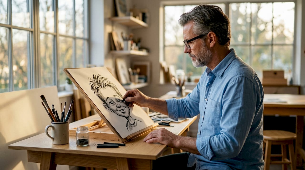 Ein Karikaturist fertigt gerade ein Kinderportrait an.