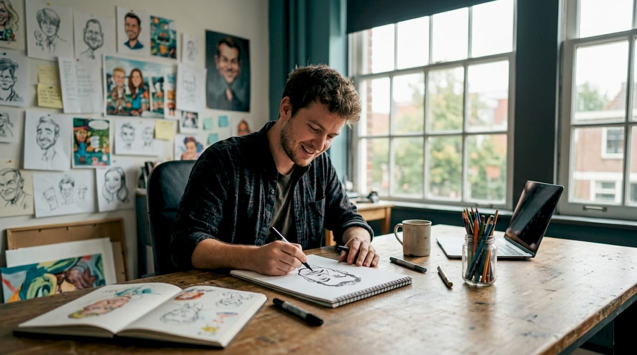 Ein Karikaturist bringt Gesichter mit überzogener Mimik humorvoll aufs Papier.