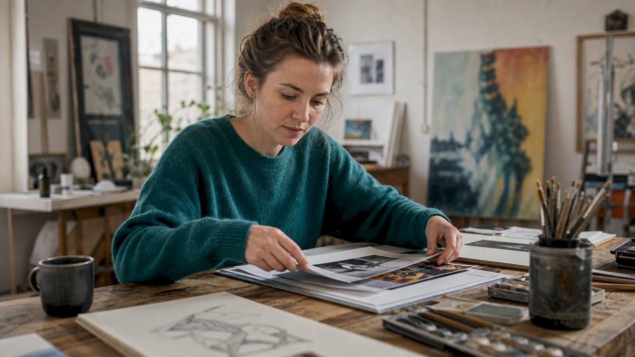 Manuelles Durchsehen von Künstlerportfolios, ausgebreitet auf dem Tisch