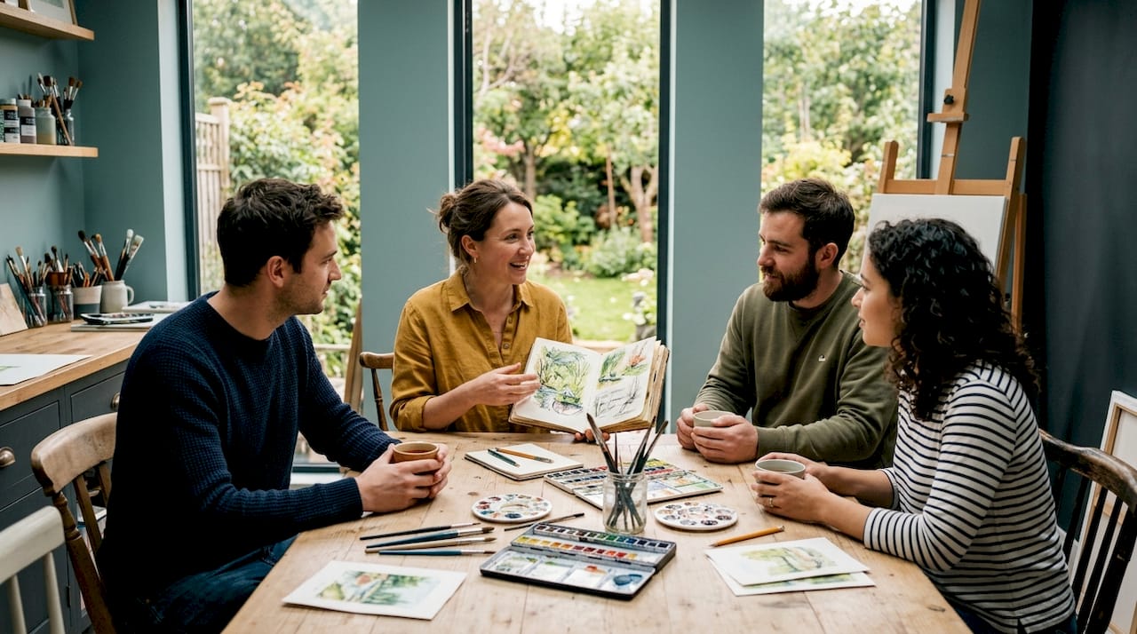 Kleine Künstlergruppe, die ihre Werke miteinander teilt