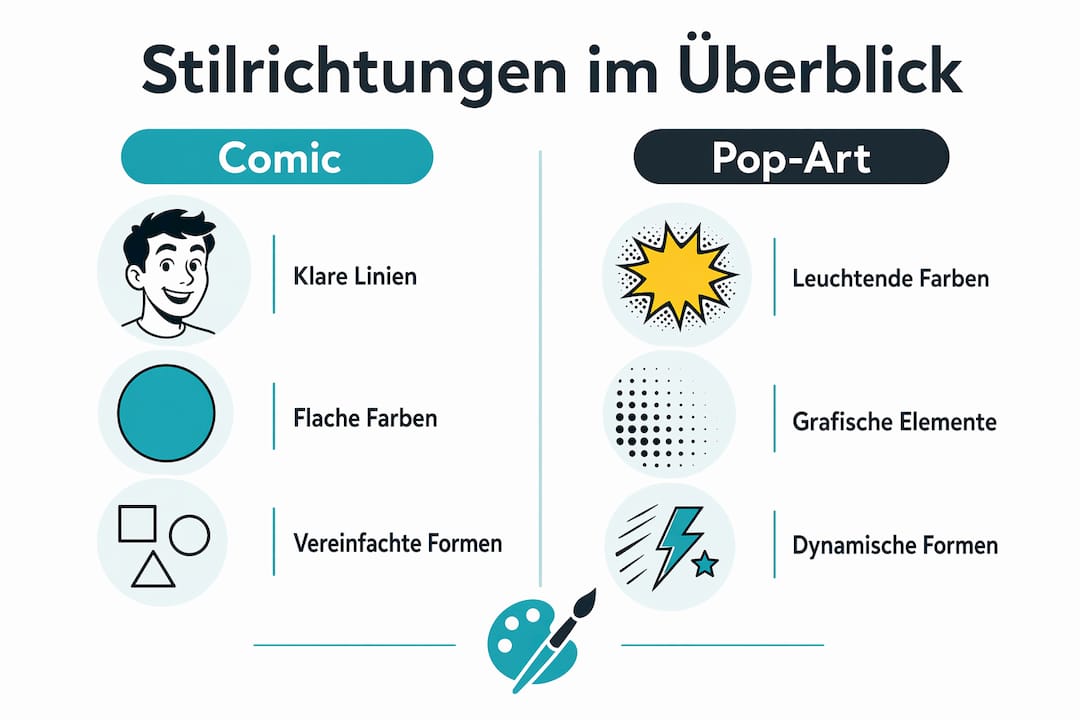 Übersichtsgrafik: Verschiedene Stilrichtungen für Haustierkarikaturen im direkten Vergleich