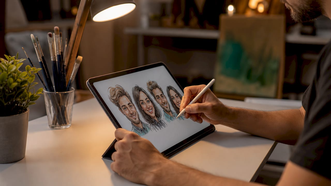Entstehung einer digitalen Team-Illustration aus der Nähe betrachtet, mit Fokus auf die Hände bei der Arbeit.