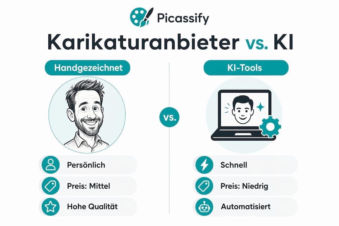 Vergleichende Infografik: Karikaturdienstleister versus KI-basierte Tools