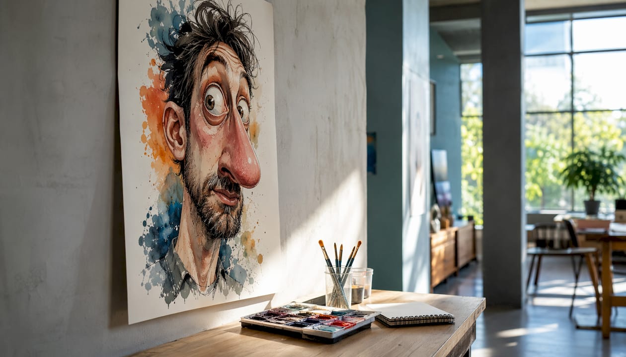 Blick von oben auf einen Tisch mit einer auffällig überzeichneten Karikatur.