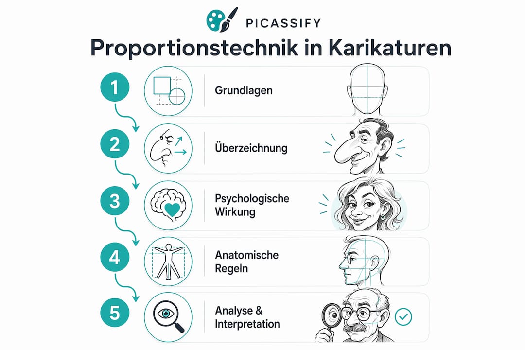Schritt-für-Schritt-Infografik: So gelingen Proportionen in Karikaturen – in fünf einfachen Etappen
