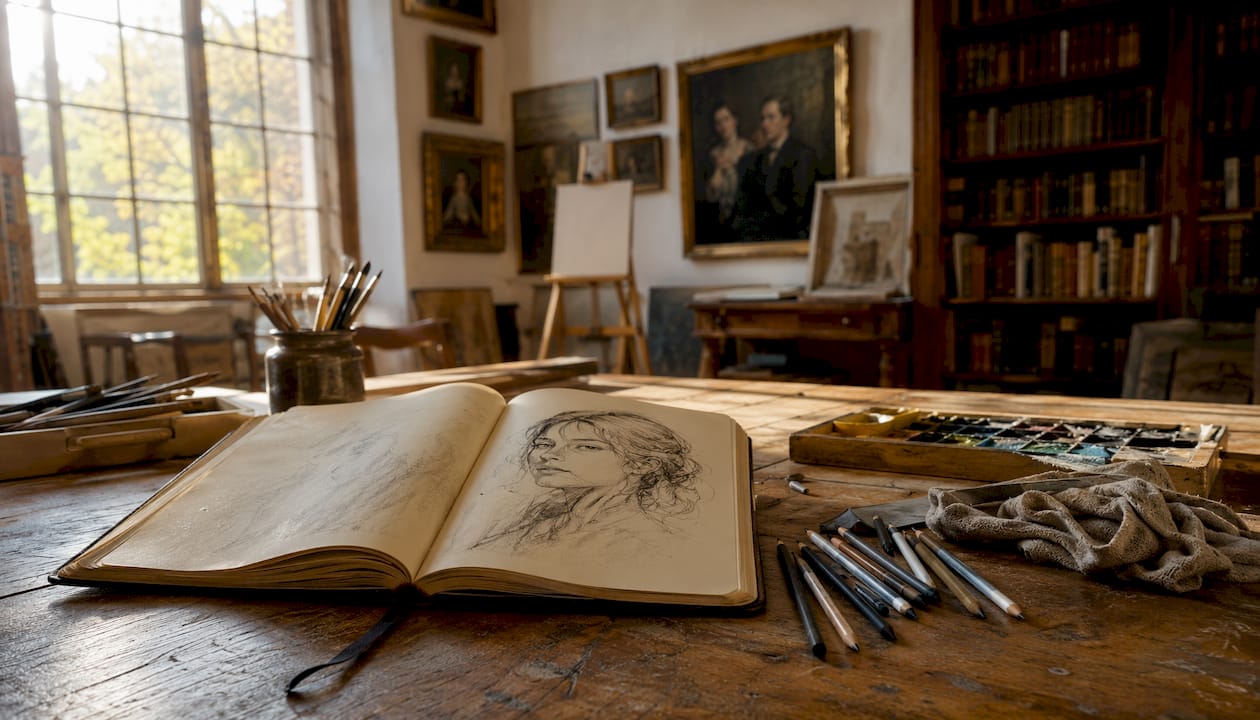 Ein Blick auf ein historisches Portrait in skizzenhafter Ausführung, ergänzt durch typische Arbeitsmaterialien des Künstlers.