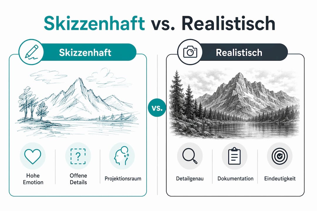 Vergleichende Infografik: Skizzenhafter vs. realistisch ausgearbeiteter Porträtstil