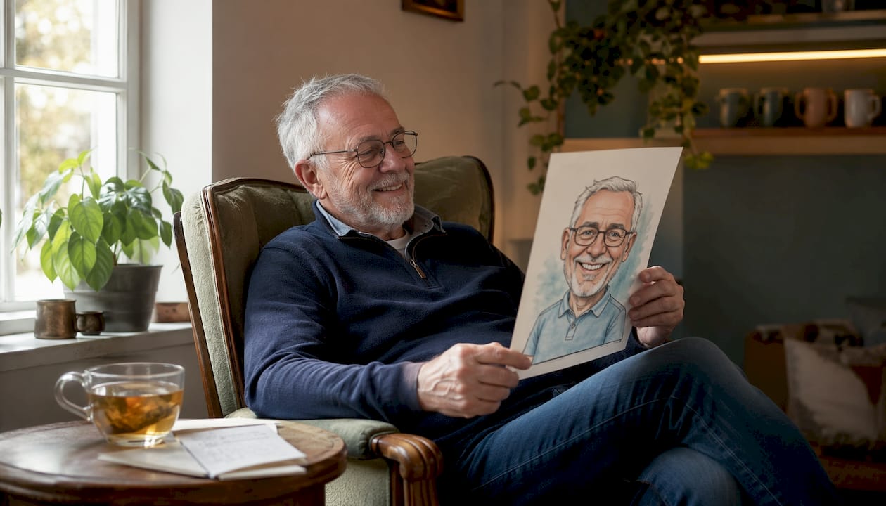 Ein älterer Herr strahlt vor Freude über seine individuell gestaltete Karikatur.