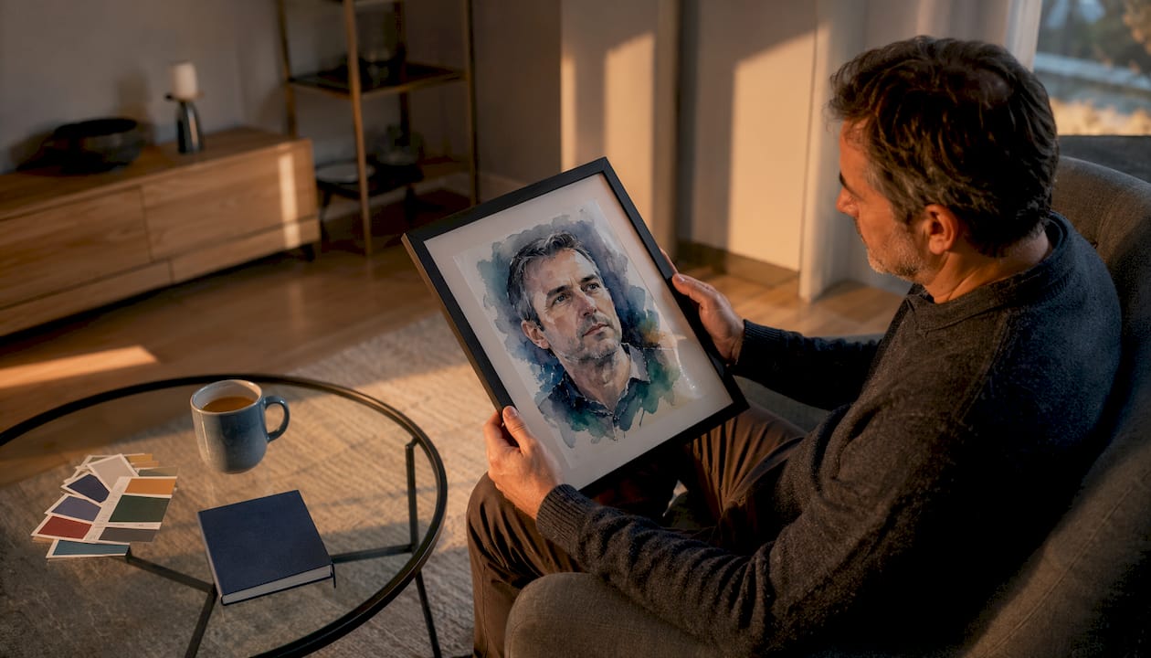 Ein Mann steht im Wohnzimmer und betrachtet fasziniert ein Aquarellporträt an der Wand.