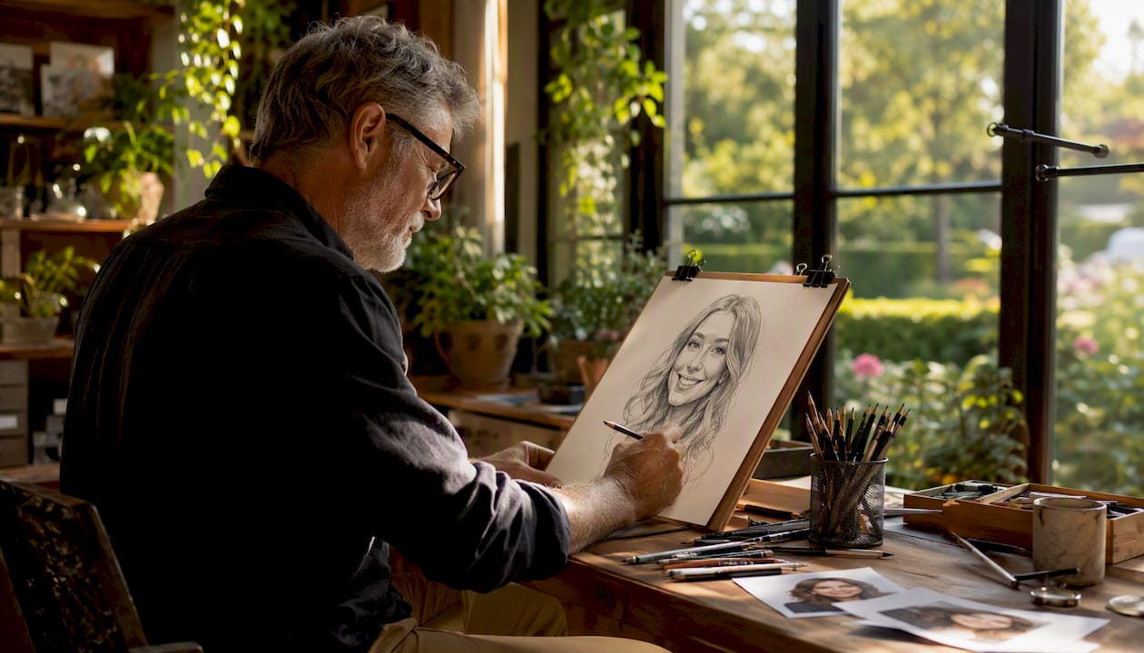 Im Atelier fertigt ein Künstler individuelle Karikaturporträts von Hand an.