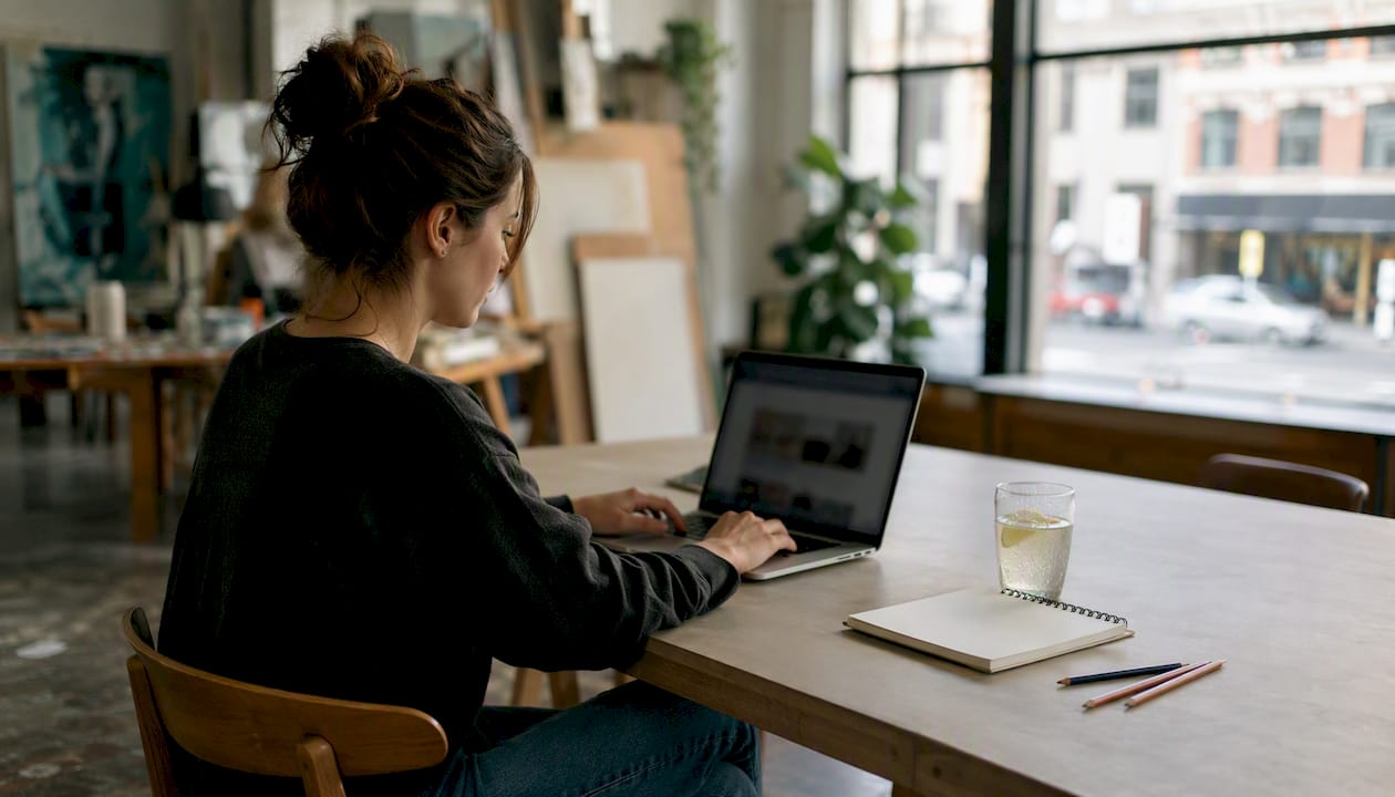 Eine Frau stöbert gemütlich von ihrem Wohnzimmer aus in einem Online-Shop nach digitaler Kunst.