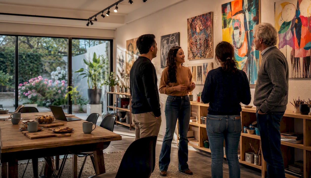 Mitarbeitende lassen sich von emotionaler Kunst am Arbeitsplatz inspirieren und tauschen sich darüber aus.