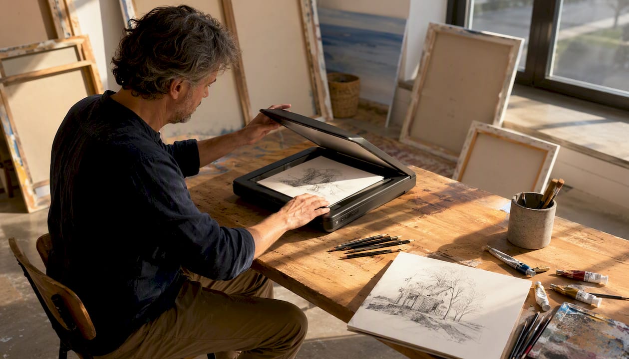 Im Atelier digitalisiert der Künstler seine Zeichnung, indem er das handgemachte Kunstwerk einscannt.