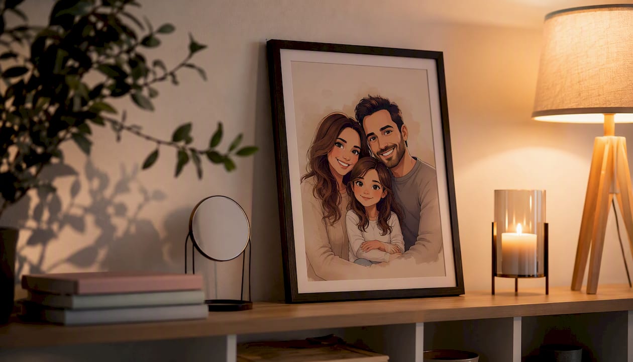 Auf dem Regal im Wohnzimmer steht eine gerahmte Karikatur, die ganz persönlich für mich angefertigt wurde.