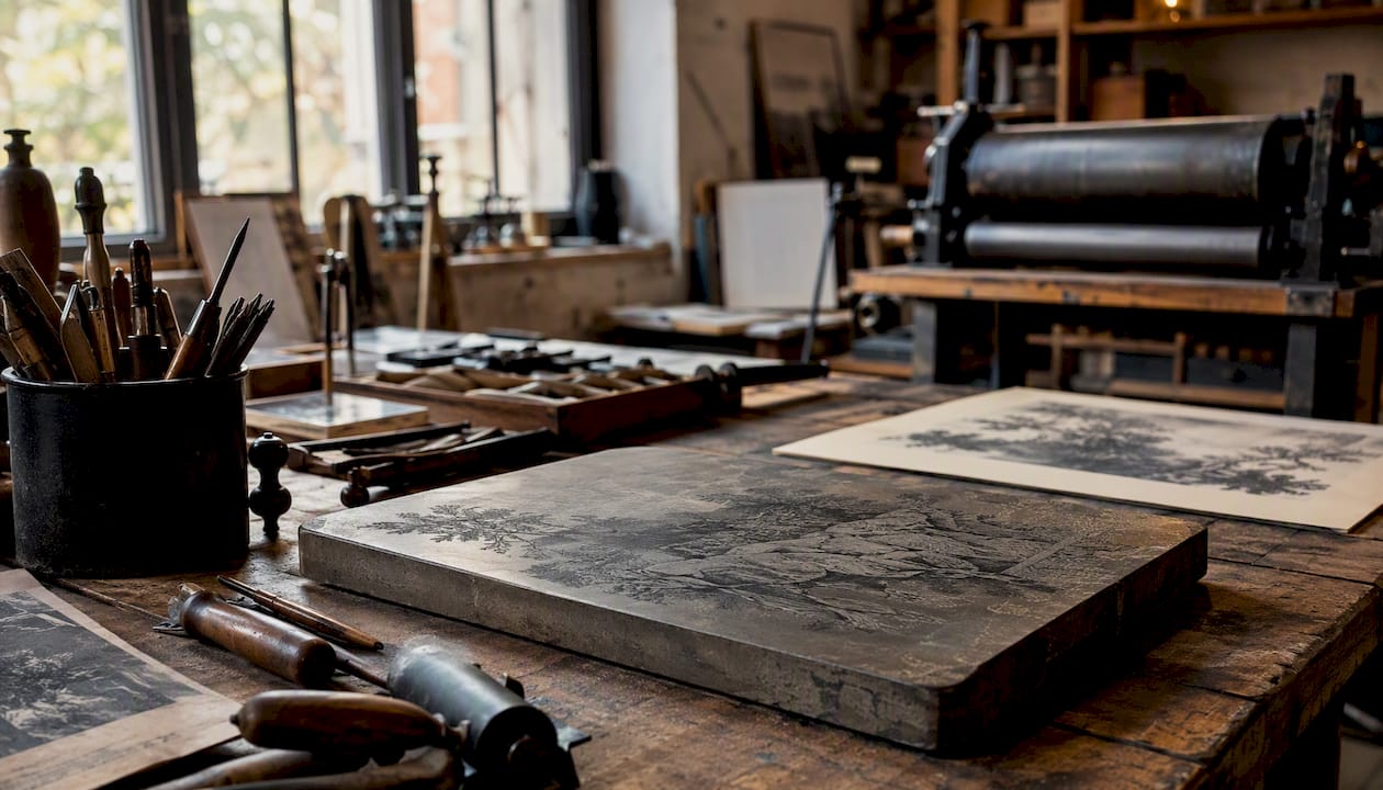 Detailaufnahme von Werkzeugen der Druckgrafik und einem Lithografiestein