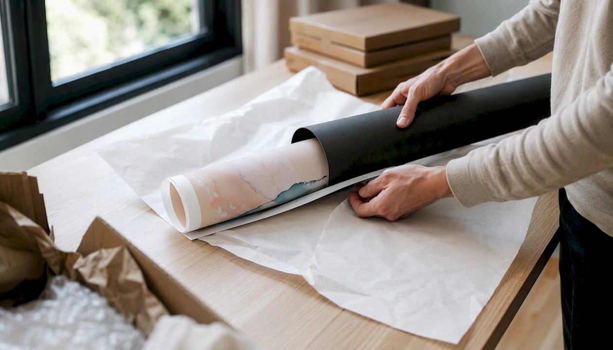 Mit viel Sorgfalt werden Kunstdrucke von Hand für den Versand verpackt.