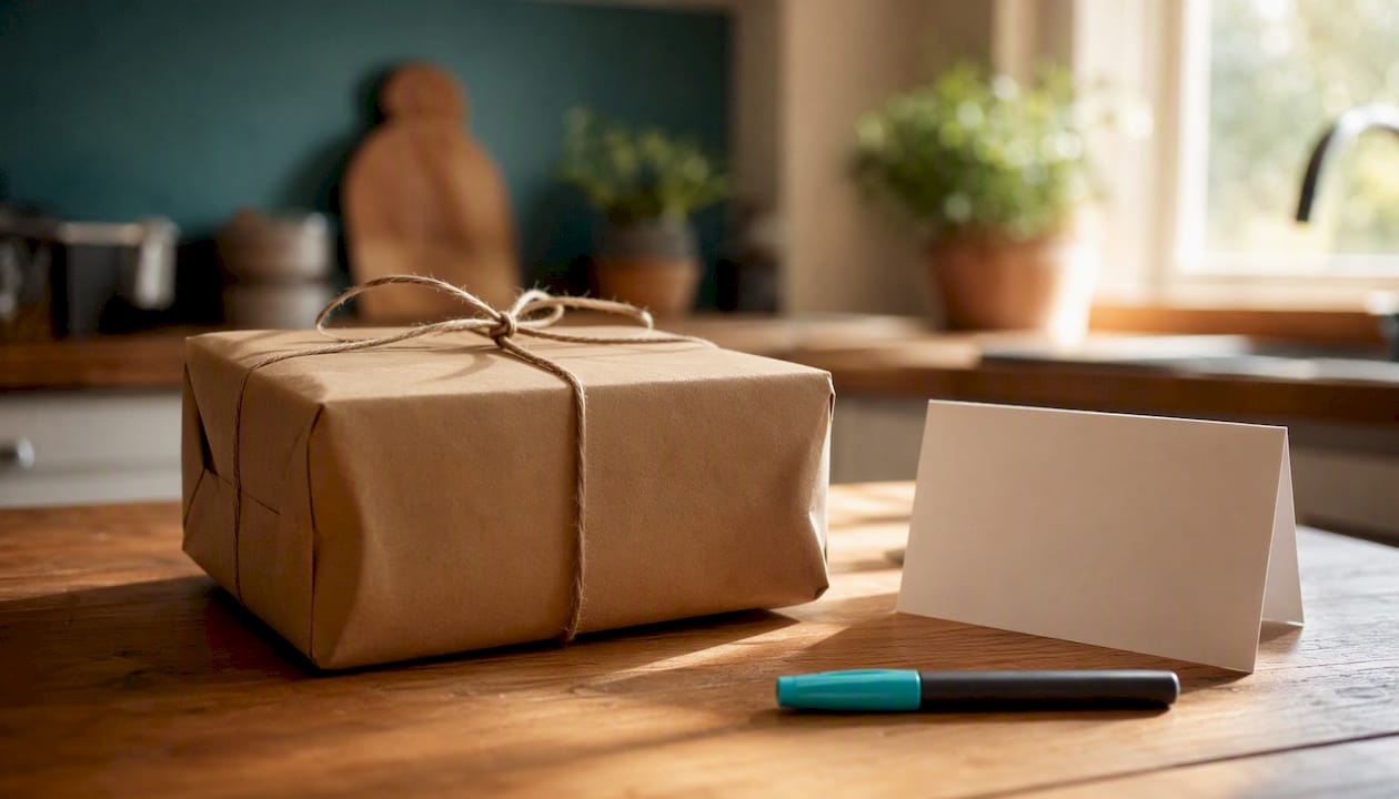 Ein liebevoll verpacktes Geschenk und eine persönliche Karte stehen sinnbildlich für die Wertschätzung und Treue unserer Kundinnen und Kunden.