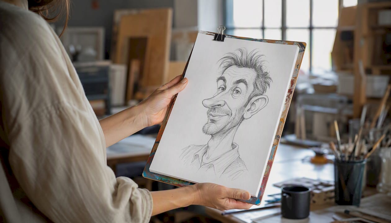 Der Künstler zeigt dem Kunden seine Karikaturzeichnung und bittet um eine Rückmeldung, ob alles passt.