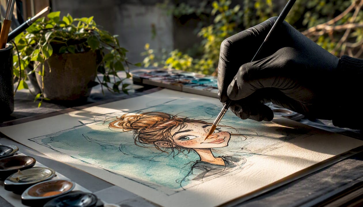 Ein Künstler fertigt ein individuelles Karikatur-Geschenk per Hand an.