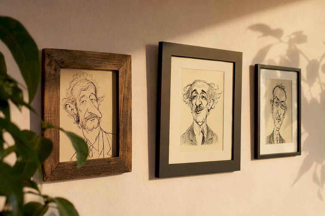 Karikaturen im Rahmen – individuell gestaltet mit unterschiedlichen Glasarten und Lichtakzenten
