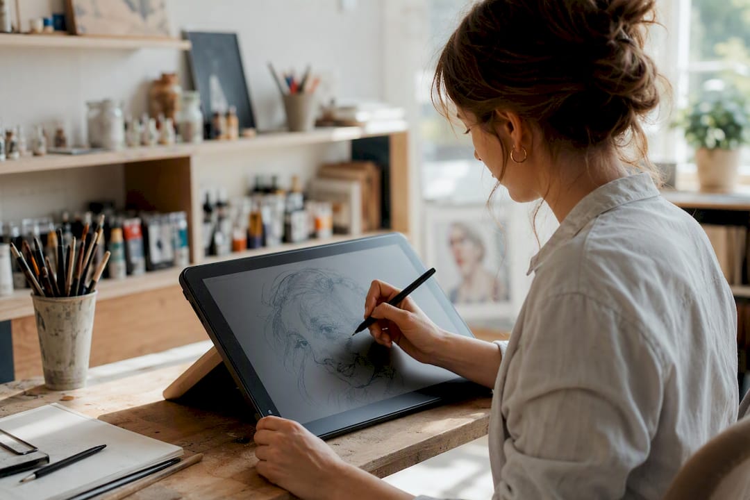 Ein Künstler zeichnet ein digitales Portrait mit dem Tablet – ganz intuitiv per Hand.