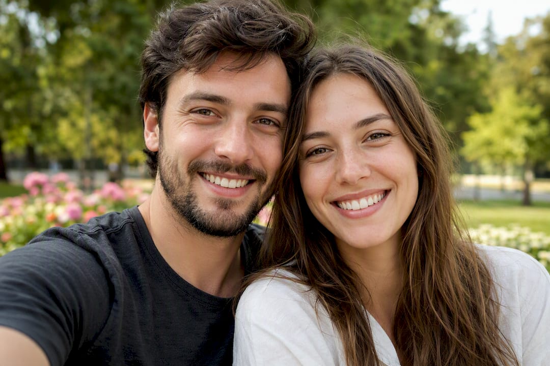 Gut ausgeleuchtetes Frontalfoto eines Paares