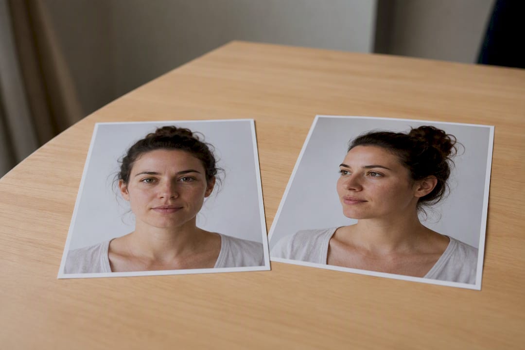 Fotos von Vorder- und Dreiviertelansicht des Gesichts auf dem Tisch